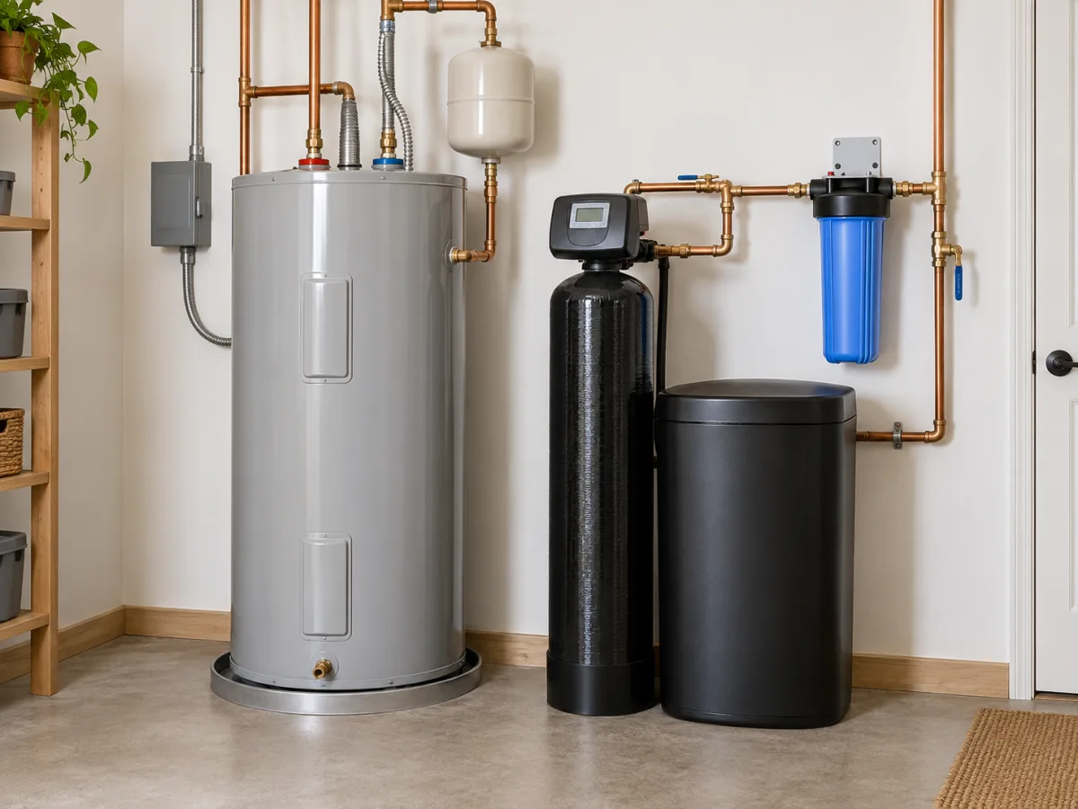 Water heater, softener and whole-home filter in a residential utility room
